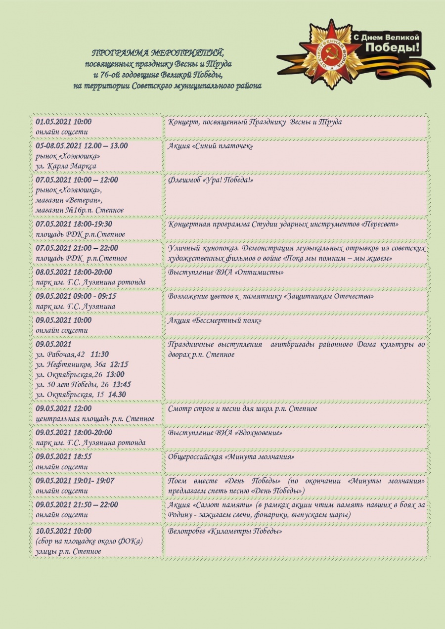 ПРОГРАММА МЕРОПРИЯТИЙ, посвященных празднику Весны и Труда и 76-ой годовщине Великой Победы, на территории Советского муниципального района