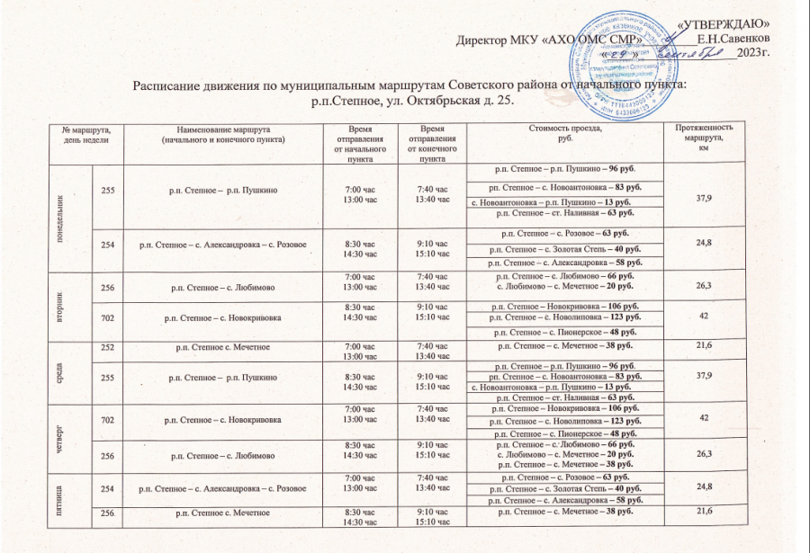 Расписание движения по муниципальным маршрутам Советского муниципального района